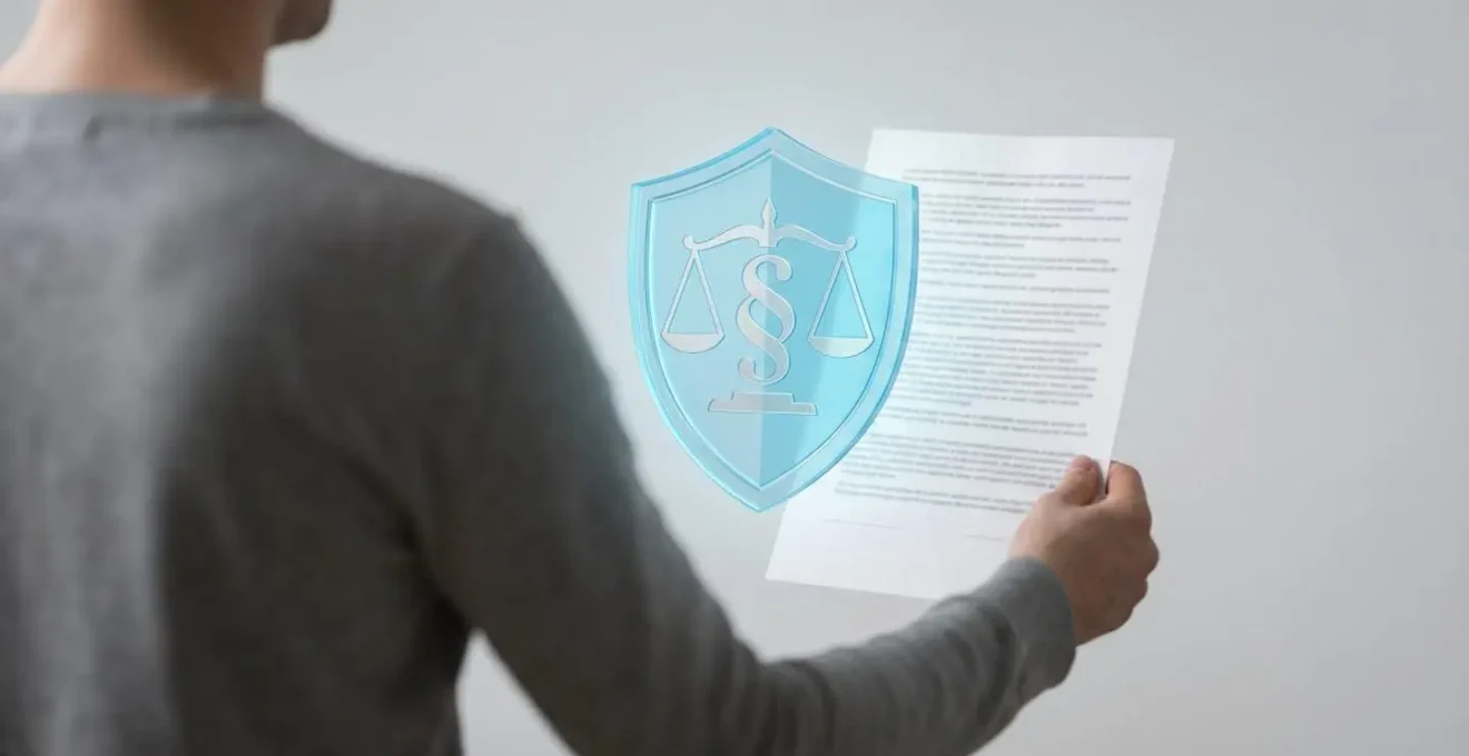 Personne vue de dos protégée par un bouclier symbolique entre elle et un document de crédit, représentant la protection juridique du consommateur