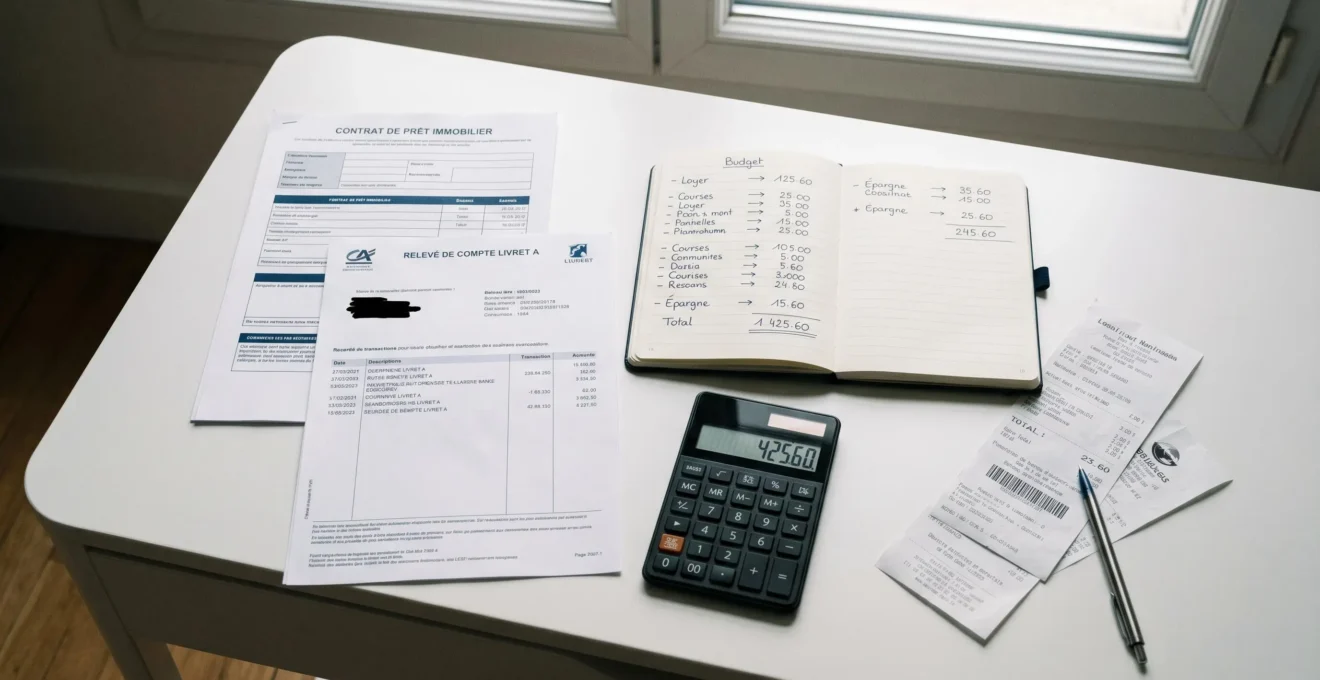 Bureau avec calculatrice, documents de crédit français et relevé Livret A pour planification budgétaire