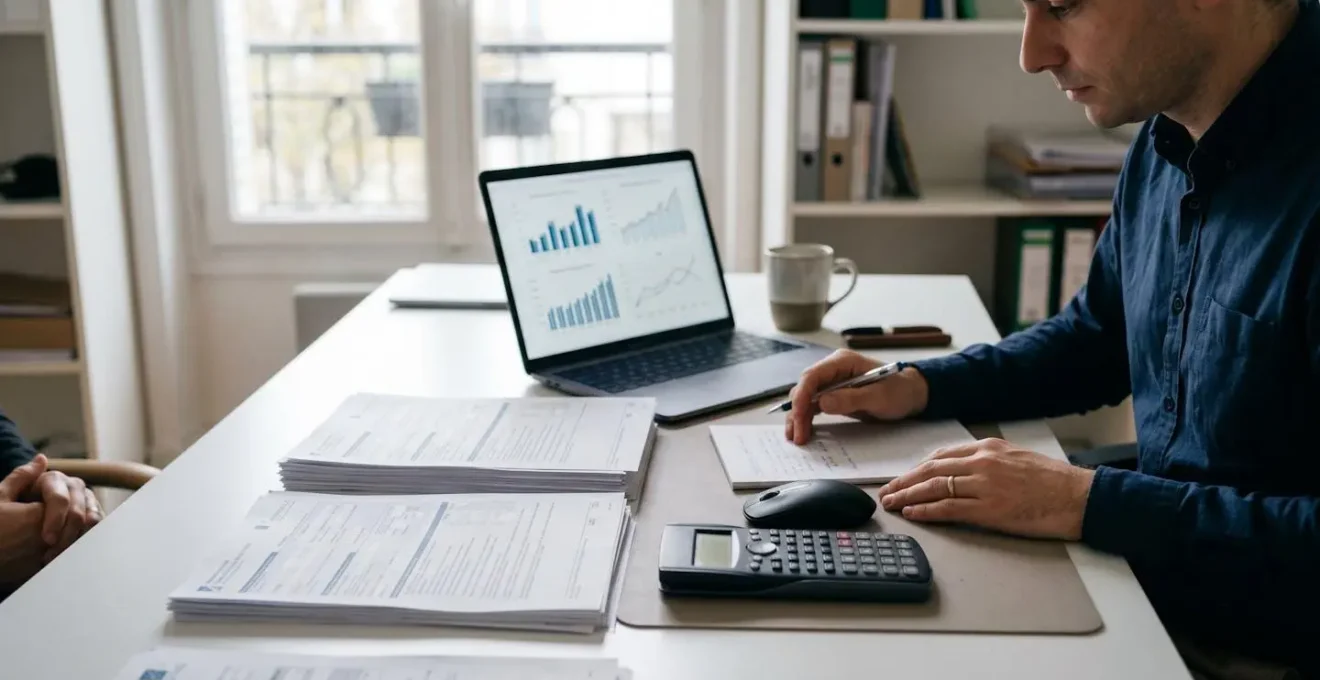 Bureau de conseiller financier avec documents fiscaux, calculatrice et graphiques à l'écran lors d'une consultation d'optimisation patrimoniale