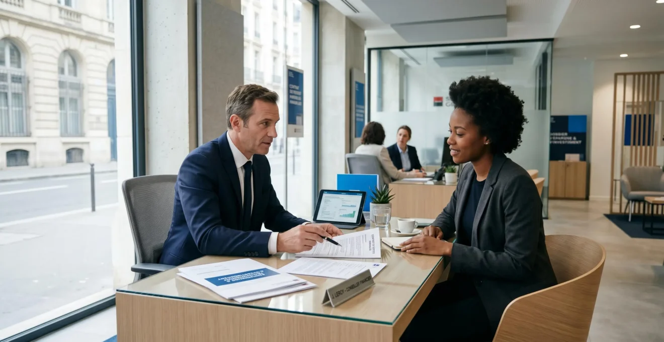Conseiller bancaire présentant des documents de crédit et d'épargne à un client dans une agence bancaire moderne