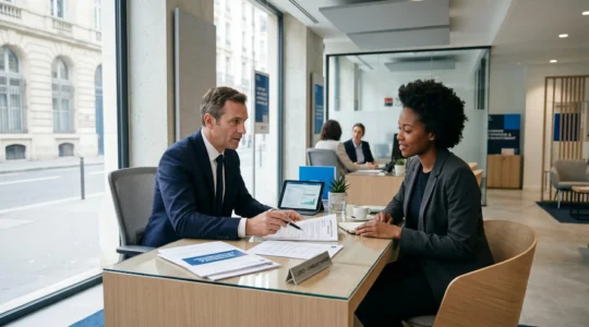 Conseiller bancaire présentant des documents de crédit et d'épargne à un client dans une agence bancaire moderne