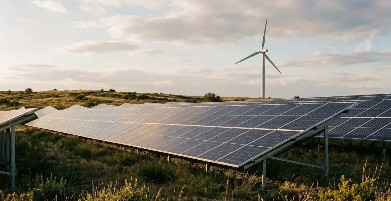 Installation de panneaux solaires avec éolienne en arrière-plan dans un paysage français de transition énergétique