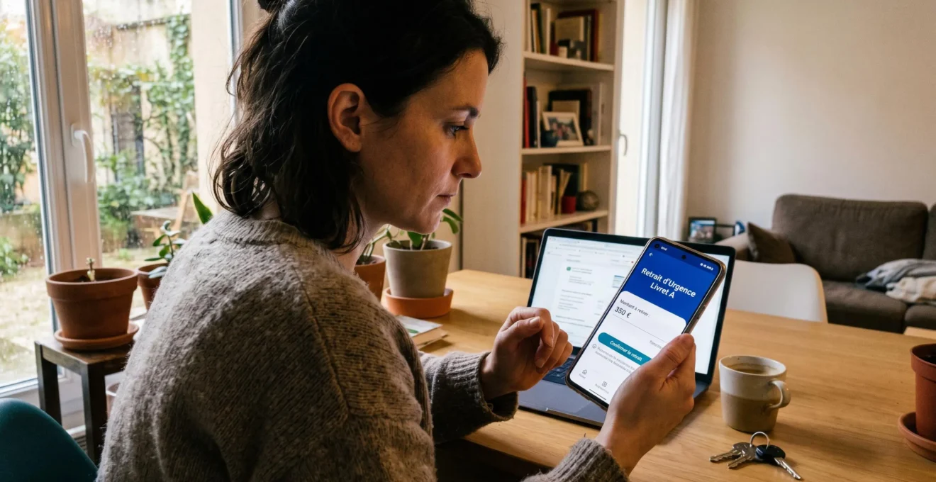 Personne utilisant une application bancaire française sur smartphone pour effectuer un retrait depuis son Livret A