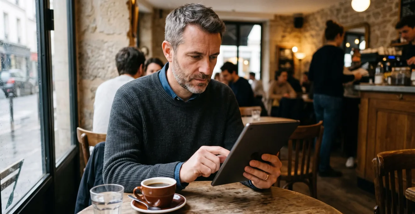 Personne assise à une table de café consultant des informations sur une tablette numérique