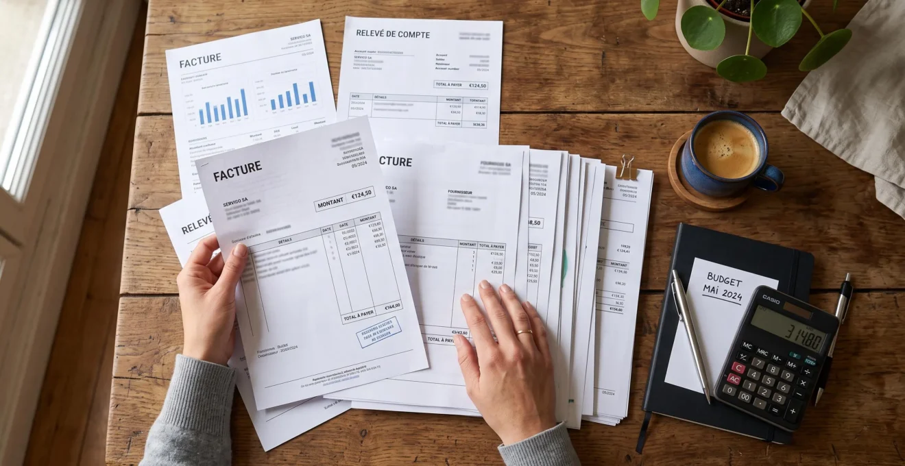 Vue de dessus de mains organisant des factures et relevés bancaires sur une table