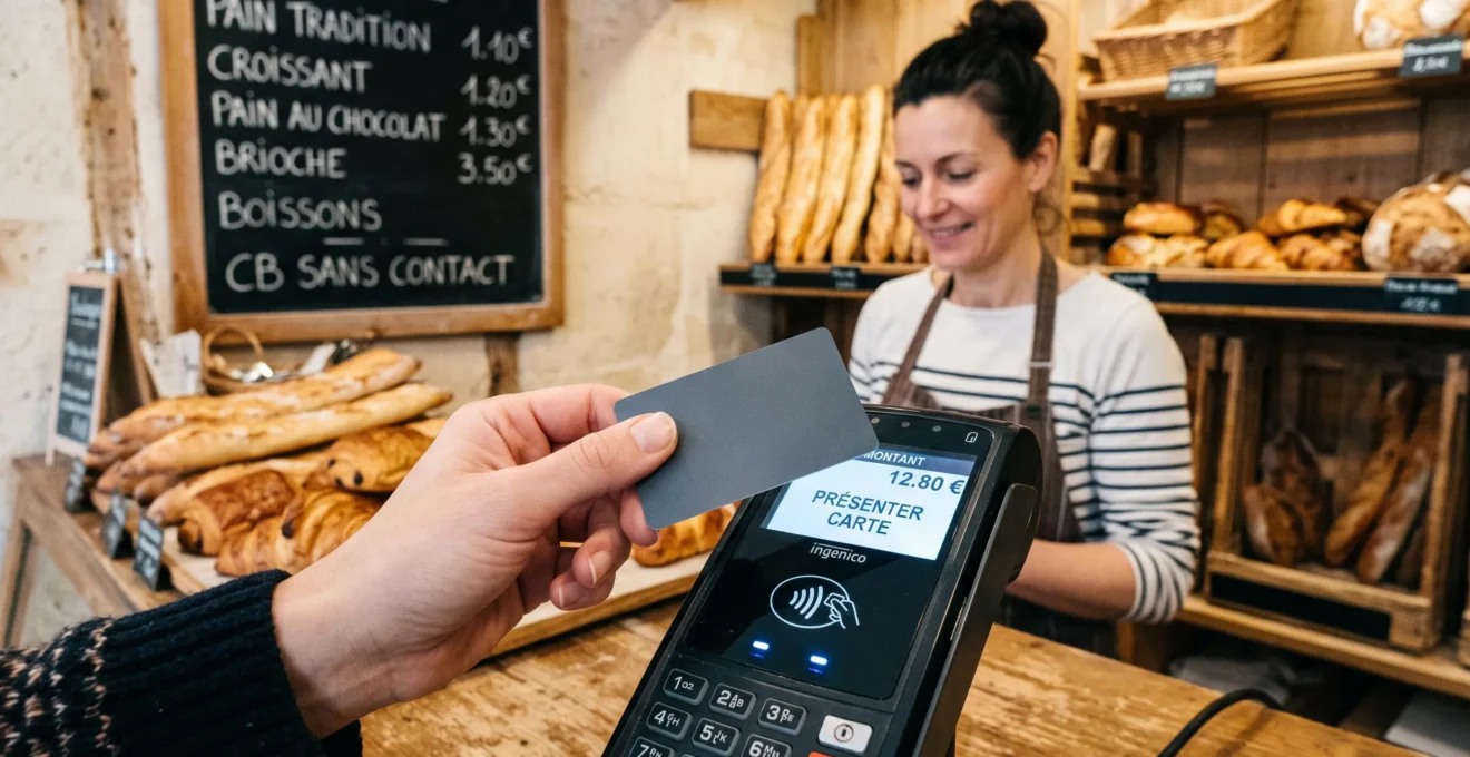 Main tenant une carte bancaire effectuant un paiement sans contact sur un terminal de paiement dans un commerce