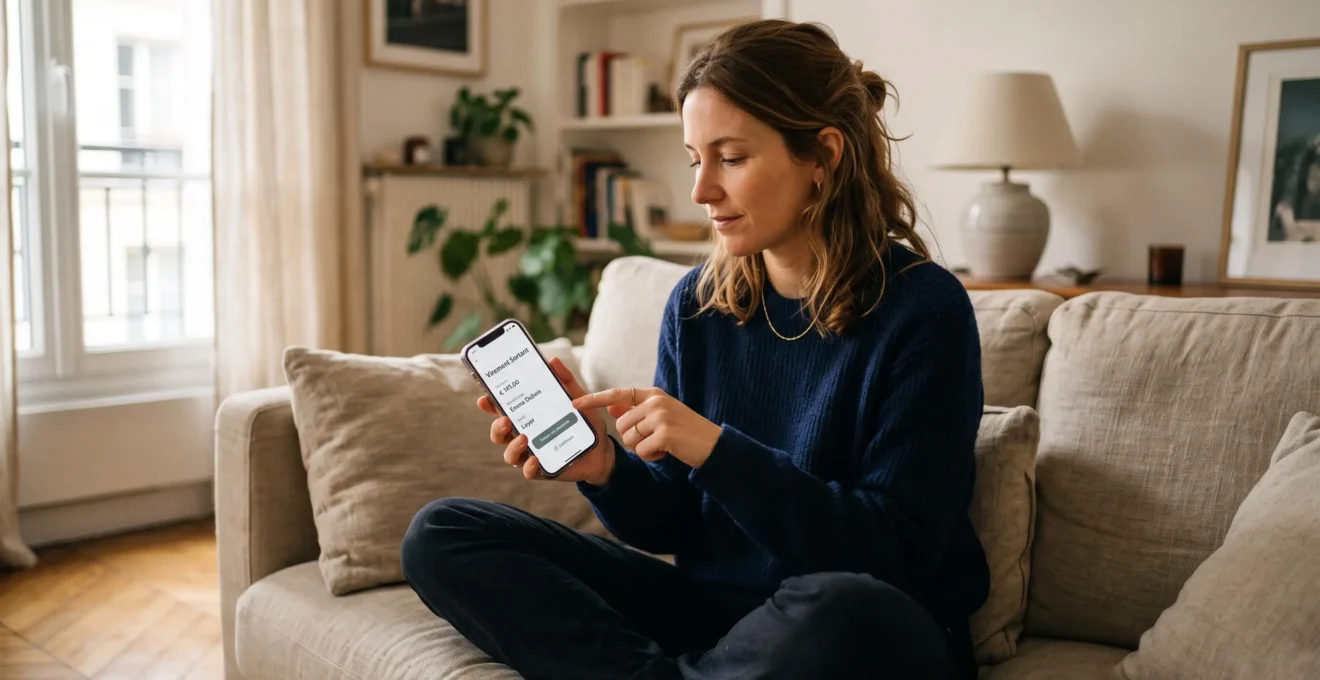 Personne assise sur un canapé utilisant un smartphone pour effectuer une opération bancaire, dans un salon éclairé par la lumière naturelle