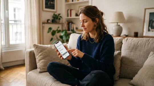 Personne assise sur un canapé utilisant un smartphone pour effectuer une opération bancaire, dans un salon éclairé par la lumière naturelle