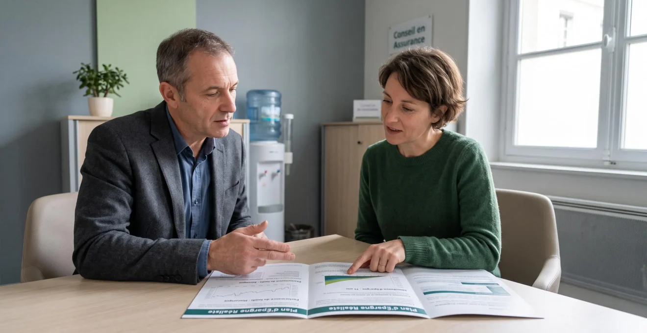 Une conseillère et une cliente comparent deux brochures de placements d'épargne posées sur un bureau d'agence.