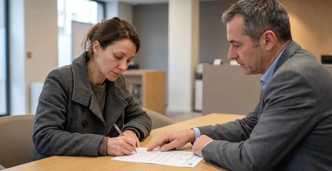 Une femme signe un contrat d'épargne retraite au comptoir d'une agence bancaire française, face à un conseiller.