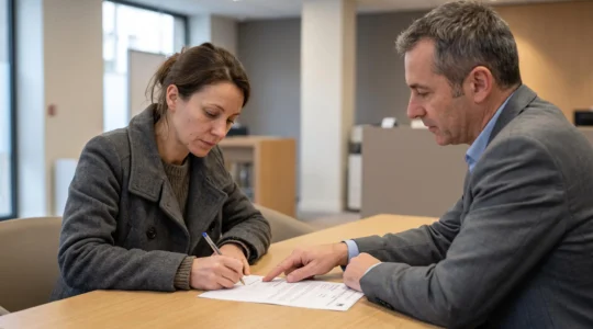 Une femme signe un contrat d'épargne retraite au comptoir d'une agence bancaire française, face à un conseiller.