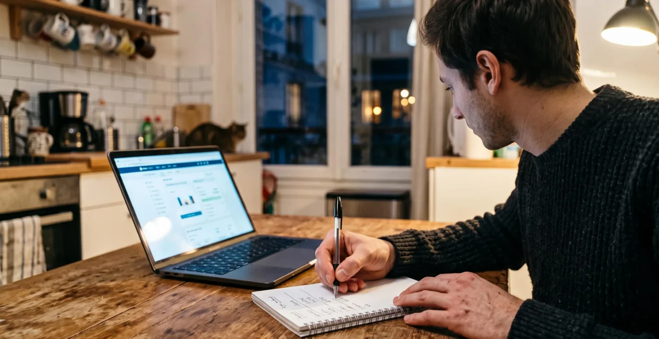 Un jeune homme note son budget mensuel dans un carnet posé sur la table de sa cuisine, un ordinateur portable ouvert à côté.