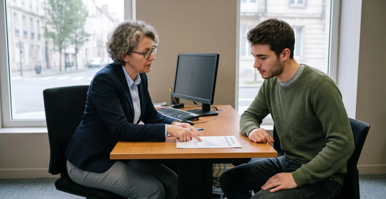 Un conseiller bancaire explique un plan d'épargne à une jeune cliente en agence.