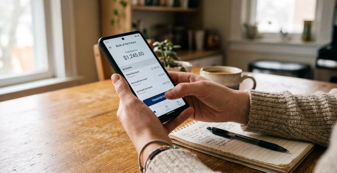 Des mains utilisent une application bancaire sur smartphone pour débloquer une épargne.