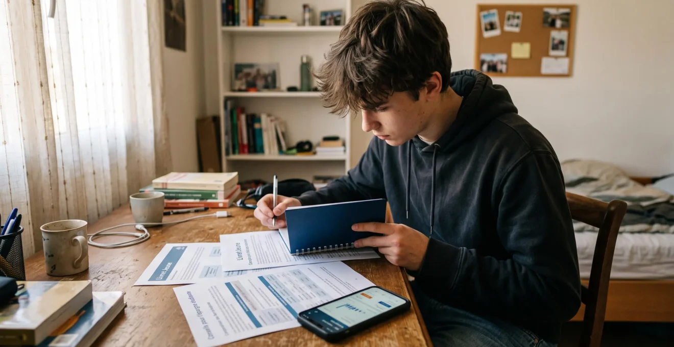 Un jeune diplômé du bac examine ses documents d'épargne à son bureau.
